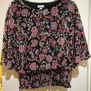 SAME AND JESS…BLACK AND PINK ORANGE AND PURPLE FLORAL BLOUSE SHEER OVERLAY LINED